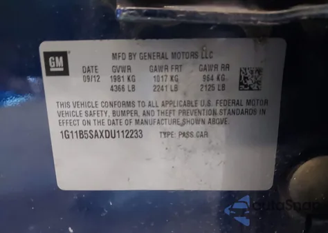 2013 Chevrolet Malibu 1Ls z USA, uszkodzony, nr VIN 1G11B5SAXDU112233